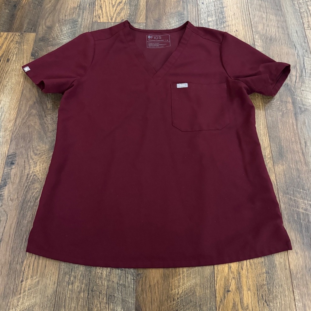 FIGS Casma V-Neck Scrub Top Burgundy Maroon Technical Collection Medium Uniform